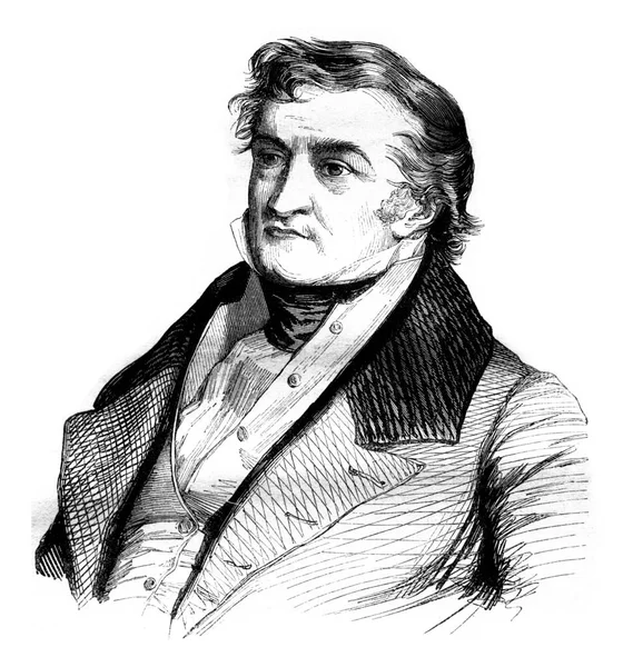 シモンディの肖像画 および彼の署名のファックス ヴィンテージの刻まれたイラスト Magasin Pittoresque 1843 — ストック写真