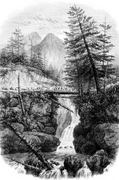 계곡에 스페인 다리의 Hautes Pyrerees Vintage Graved Illustration Magasin Pittoresque — 스톡 사진