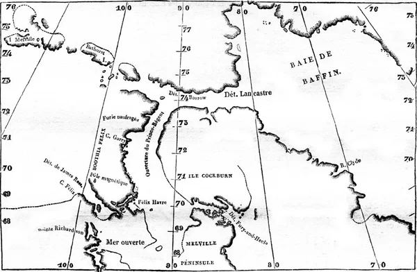 罗斯上尉的发现地图 以及他回来的地图的北部 古老的雕刻图解 Magasin Pittoresque 1836年 — 图库照片