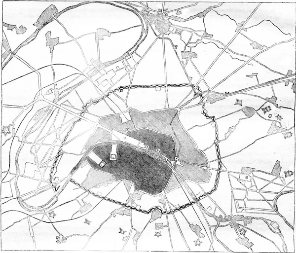 Paris Tahkimatlarının Haritası Eski Oyma Resimler Magasin Pittoresk 1841 — Stok fotoğraf