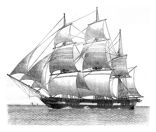 Gabare掉了右舷的系泊处侧视图老式雕刻的插图Magasin Pittoresque 1841年 — 图库照片