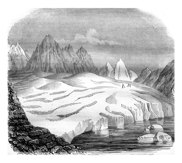 阿莱什冰川 美林湖 古老的雕刻插图 Magasin Pittoresque 1842年 — 图库照片