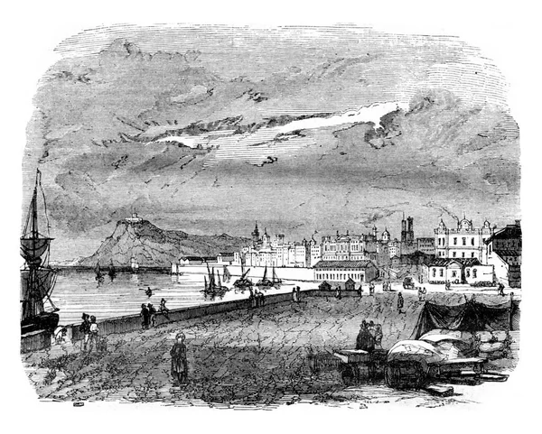 Widok Barcelonę Mount Jouich Vintage Grawerowane Ilustracji Pittoresque 1843 — Zdjęcie stockowe