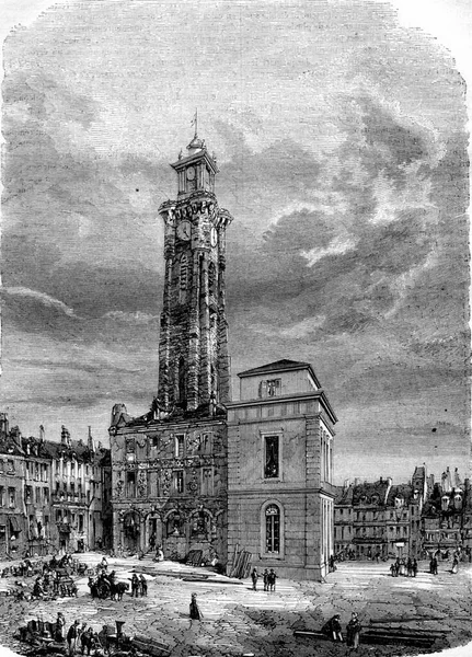 Belfry Valenciennes Effondre Avril 1843 Illustration Gravée Vintage Magasin Pittoresque — Photo