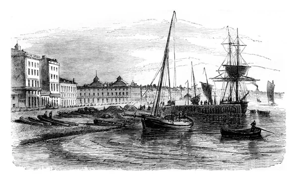 在真正的仓库前俯瞰港口的一部分 的立面 古老的雕刻插图 Magasin Pittoresque 1844 — 图库照片