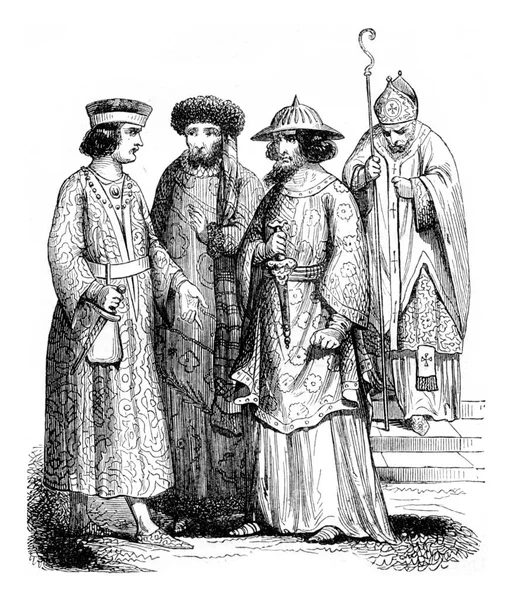 12世紀の司教と領主 ヴィンテージ刻まれたイラスト マガサン ピットレスク1844 — ストック写真