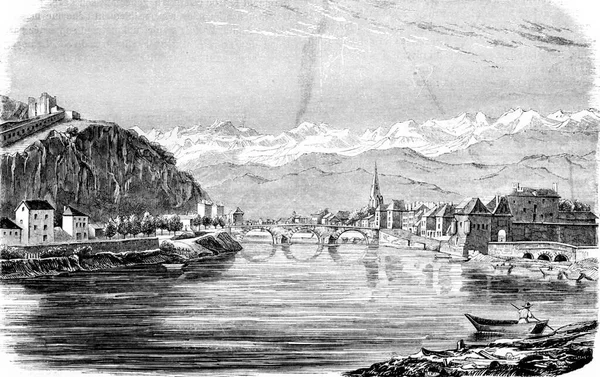 Vista Ciudad Grenoble Ilustración Grabada Vintage Magasin Pittoresque 1844 —  Fotos de Stock