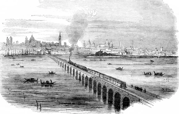 Venice Railway Viaduct Lagoons Execution Vintage Engraved Illustration Магасин Питтореск — стоковое фото
