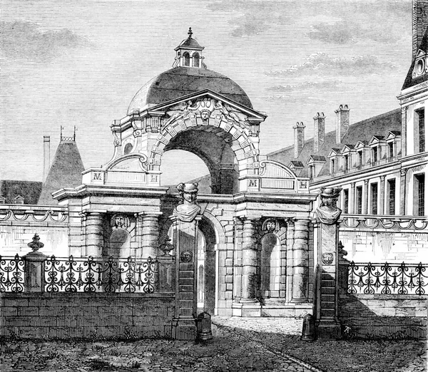 路易十三的陶芬港 Porte Dauphin 或巴普蒂斯特 Baptiste Louis Xiii 在亨利一世的领导下 在枫丹白露城堡完成了古老的雕刻插图 Magasin — 图库照片
