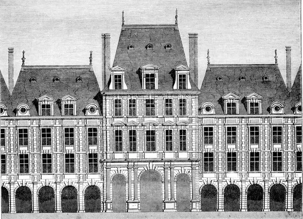 皇家广场的主展馆 Main Pavilion Place Royale 始建于亨利四世 后由路易十三世完成 古老的版画 Magasin Pittoresque — 图库照片