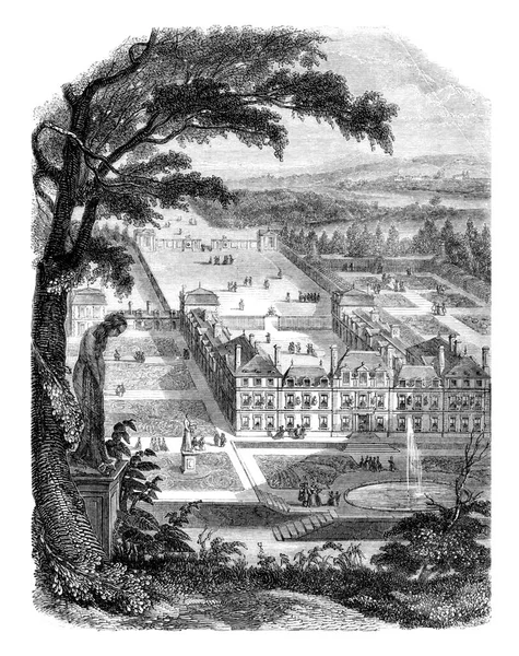 西乌古城堡的全景呈现在花园的一侧 雕刻着古老的图画 Magasin Pittoresque 1846年 — 图库照片