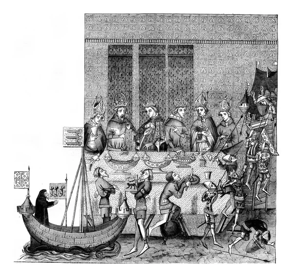 根据查理五世的命令执行并保存在皇家图书馆的手稿 古老的版画插图 Magasin Pittoresque 1846年 — 图库照片