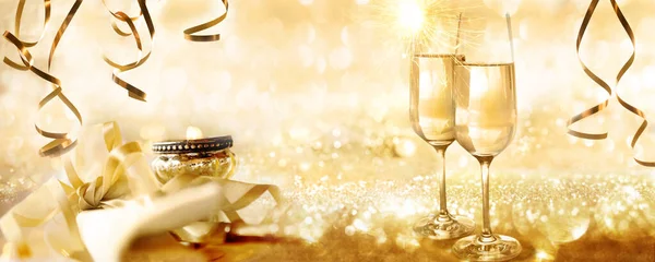 Золотий Блискучий Новий Рік Різдвяний Фон Шампанським Свічками Концепції — стокове фото