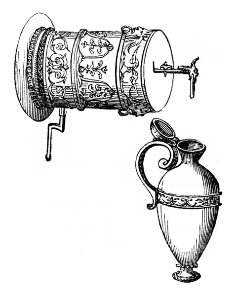 液体层的桶下提供了一个正方形花瓶 老式雕刻插图 Magasin Pittoresque 1847年 — 图库照片