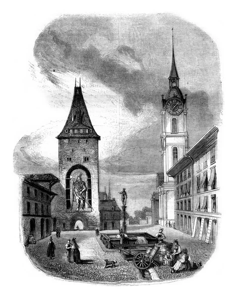 Πύργος Του Γολιάθ Στη Βέρνη Vintage Ανάγλυφη Απεικόνιση Μαγασίν Πιττορέσκ — Φωτογραφία Αρχείου