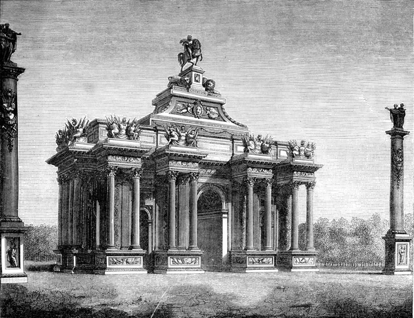 路易十四的王位继承人 凯旋哈尔的王座 克劳德 佩罗特说 古老的雕刻插图 Magasin Pittoresque 1847年 — 图库照片