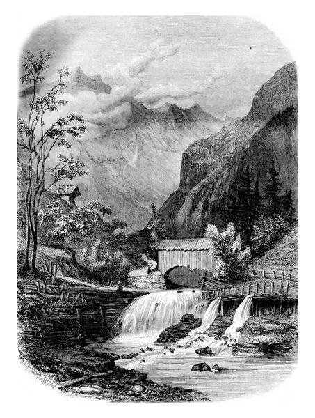 Giettaz Flumet和Col Des Aravis之间的山谷 古老的雕刻插图 Magasin Pittoresque 1861年 — 图库照片