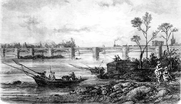 在博彩和塔拉斯孔之间的罗纳河上高耸的高耸的高耸的高楼顶 雕刻着古老的图解 Magasin Pittoresque 1861年 — 图库照片