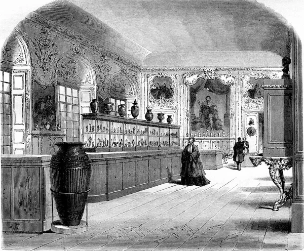 Cabinet Médailles Bibliothèque Impériale Illustration Gravée Vintage Magasin Pittoresque 1861 — Photo