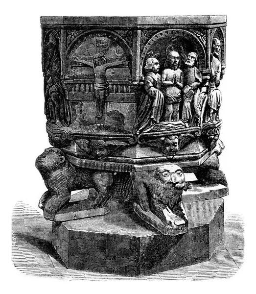 Chrzcielnica Kościoła Luxeuil Ryta Ilustracja Rocznika Pittoresque 1869 — Zdjęcie stockowe