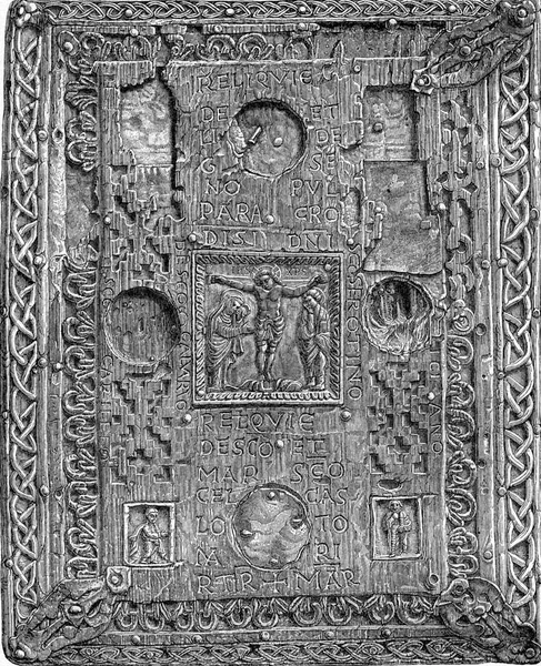 Деревянная Обложка Евангельской Книги Хранящейся Библиотеке Noyon Oise Винтажная Гравированная — стоковое фото