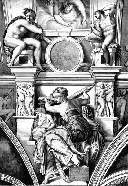 Sixtinska Kapellet Den Libyska Sibyl Fresker Michelangelo Vintage Graverad Illustration — Stockfoto
