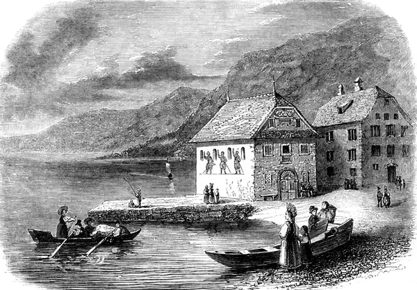 Der Hafen Von Brunnen Kanton Schwyz Jahrgangszeichnung Magasin Pittoresk 1846 — Stockfoto