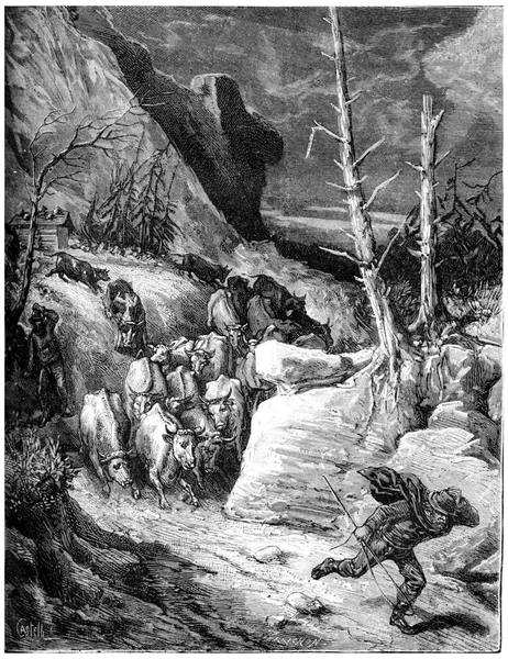 산들이 솟아오르는 것같고 군대에 계곡으로 들어가고 고전적 삽화가 새겨져 Journal — 스톡 사진
