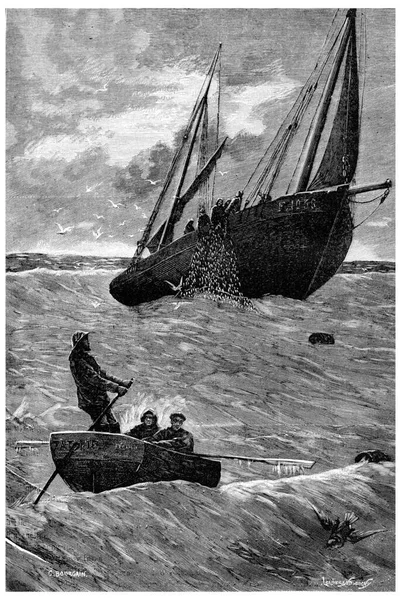 鲱鱼钓鱼 老式雕刻图解 Journal Des Voyage Travel Journal 1880 — 图库照片