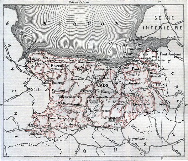 Mappa Del Dipartimento Del Calvados Illustrazione Incisa Epoca Dizionario Parole — Foto Stock