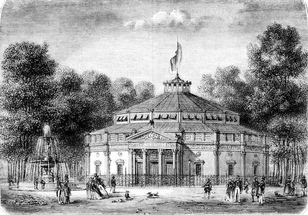 对于国家马戏团 香客Elysee 老式雕刻插图 Magasin Pittoresque 1844 — 图库照片