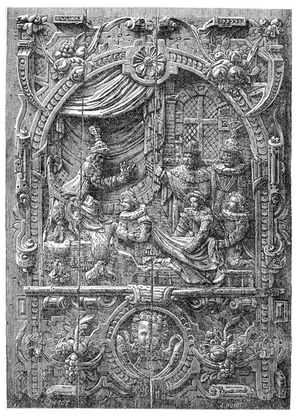 Низкий Рельеф Французского Сундука Xvi Века Коронация Генриха Анжуйского Короля — стоковое фото