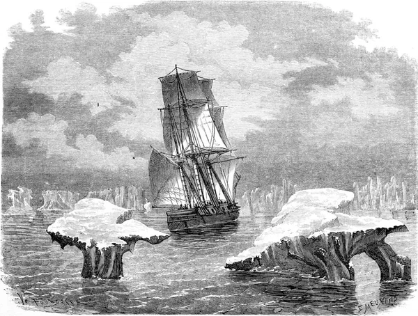 氷のコルベット研究 ヴィンテージ刻まれたイラスト Tour Monde Travel Journal 1865年 — ストック写真