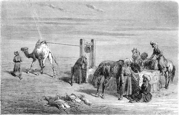 A well in the Desert (between Samarkand and Karshi), vintage engraved illustration. Le Tour du Monde, Travel Journal, (1865).