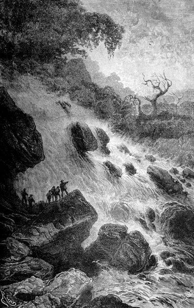 そのソースガロテ ヴィンテージ刻まれたイラストの近くの川の眺め Tour Monde Travel Journal 1872年 — ストック写真