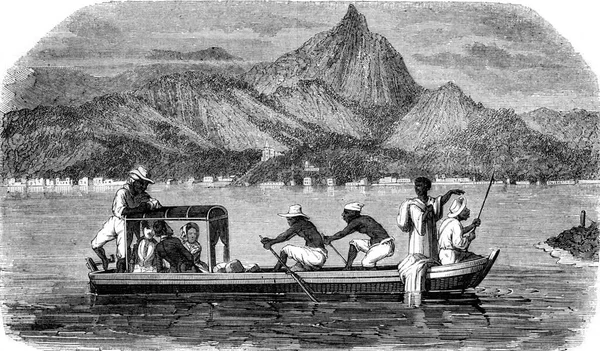 Mała Łódź Przepływająca Przez Rio Janeiro Zabytkowa Ryta Ilustracja Pittoresque — Zdjęcie stockowe