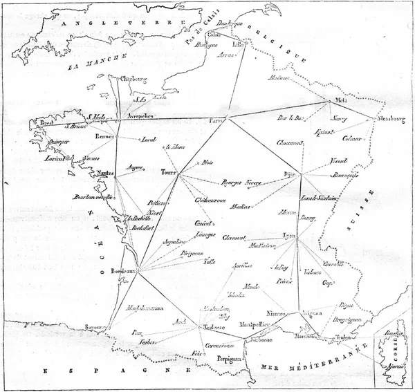 フランスとその支線の電信線の地図 ヴィンテージ刻まイラスト Magasin Pittoresque 1846 — ストック写真