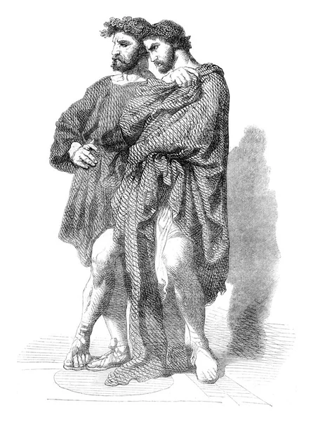 Két Filozófus Római Orgia Vintage Vésett Illusztráció Magasin Pittoresque 1847 — Stock Fotó
