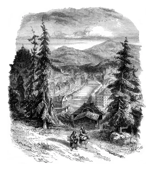 卡尔斯巴德和泰利山谷的景色 在城市上游的高处 刻有古老的图解 Magasin Pittoresque 1847年 — 图库照片