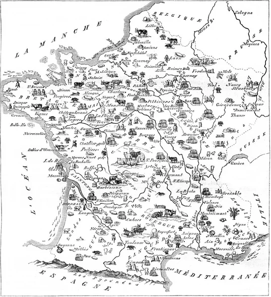 Mapa Gastronómico Francia Ilustración Grabada Vintage Magasin Pittoresque 1847 — Foto de Stock