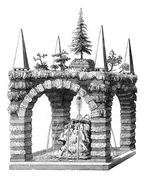 Rustykalna Fontanna Szkicu Salomona Caus Rocznik Wygrawerowana Ilustracja Pittoresque 1847 — Zdjęcie stockowe