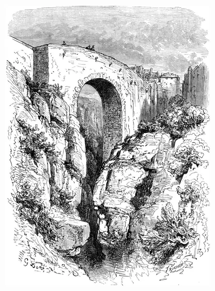 Romeinse Brug Ronda Vintage Gegraveerde Illustratie Tour Monde Reisjournaal 1865 — Stockfoto