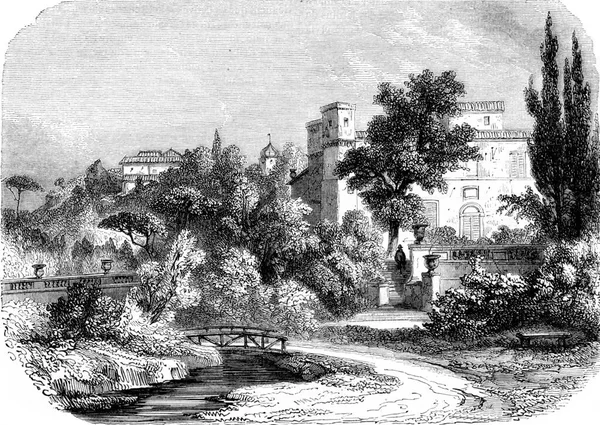 근처에 정원의 모습은 스러운 그림이 새겨져 Magasin Pittoresque 1852 — 스톡 사진
