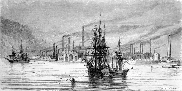斯旺西工厂和码头 老式雕刻插图 Tour Monde Travel Journal 1865 — 图库照片