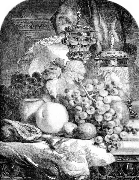Uma Mesa Frutas Vintage Gravada Ilustração Magasin Pittoresco 1852 — Fotografia de Stock