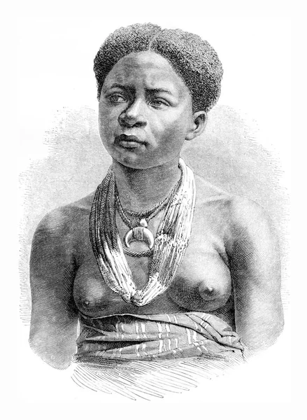 ガボン出身の少女アケラ ヴィンテージのエングレービングイラスト Tour Monde Travel Journal 1865年 — ストック写真