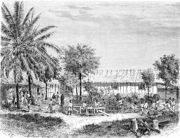 在加蓬建立天主教使团 制作老式雕刻图解 Tour Monde Travel Journal 1865 — 图库照片