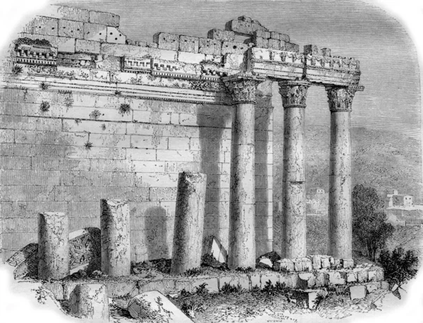 Colonata Templo Sol Balbek Vintage Gravada Ilustração Magasin Pittoresco 1855 — Fotografia de Stock