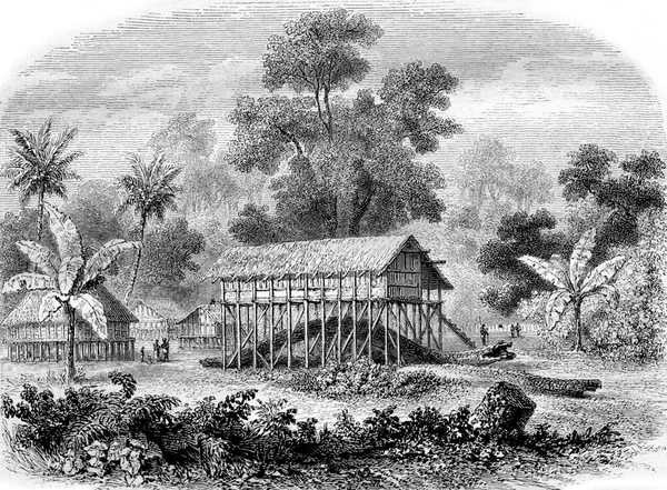Papuan Χωριό Ξυλοπόδαρα Στη Νέα Γουινέα Vintage Εγχάρακτη Εικονογράφηση Μαγασίν — Φωτογραφία Αρχείου