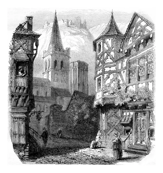 Maisons Anciennes Bacharach Sur Rive Gauche Rhin Illustration Gravée Vintage — Photo